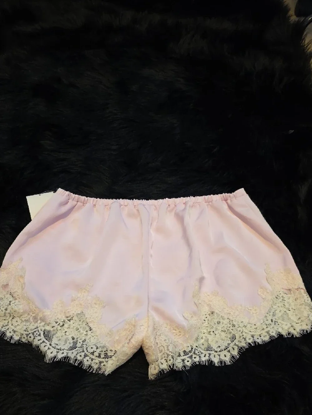 Women's Pink Satin Sleep Shorts with Cream Lace Trim - Picture 3 of 4